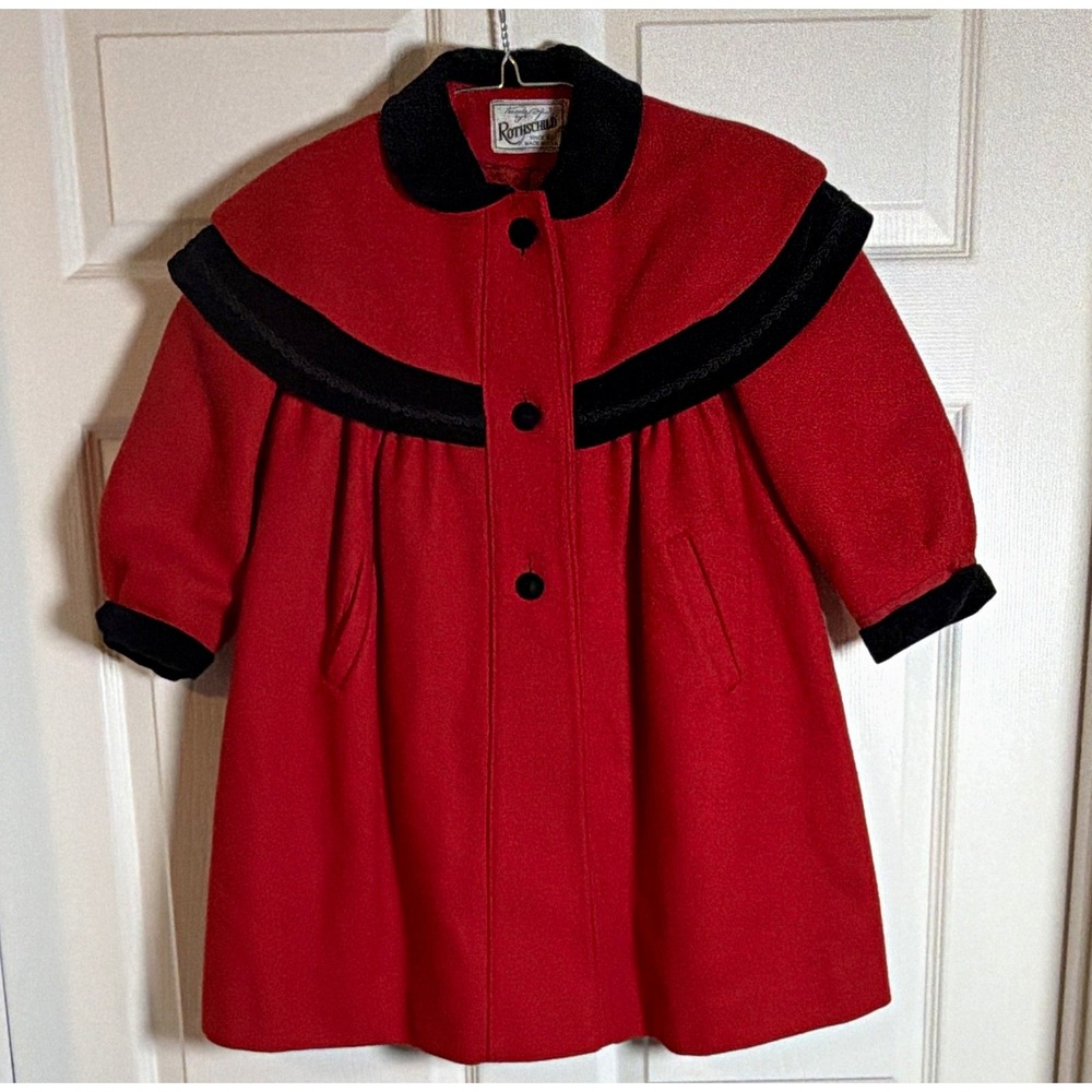Vintage Rothschild Girls Size 5 Red Black Wool Blend Coat Bow Union Made